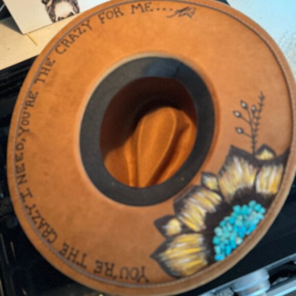 Burned Hat with flowers, Guitar and Lyrics by Hats by Kat